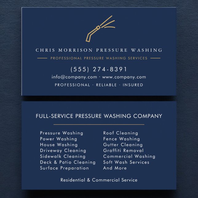 Navy Blue Pressure Washing Power Wash Company Business Card (Creator Uploaded)