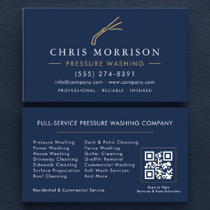 Navy Blue Pressure Washing Power Wash QR Code  Business Card