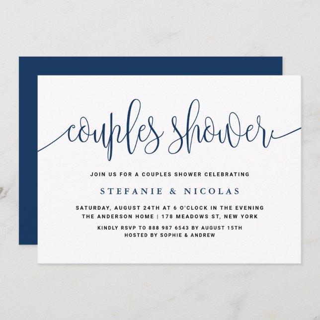 Navy Blue Pretty Calligraphy Couples Shower Invitation (Front/Back)