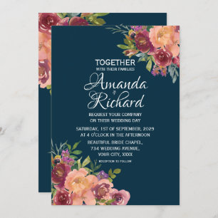 Navy Blue Pretty Floral Autumn Wedding Invitation