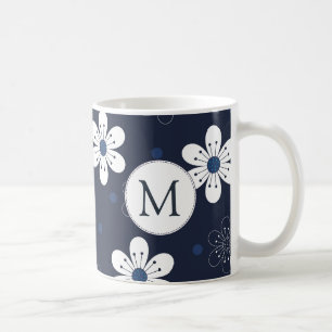 Navy Blue Pretty Floral Monogram Coffee Mug