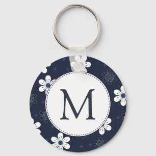 Navy Blue Pretty Floral Monogram Key Ring