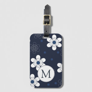 Navy Blue Pretty Floral Monogram Luggage Tag