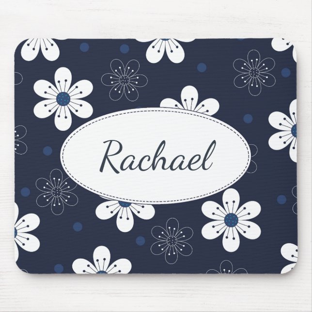 Navy Blue Pretty Floral Personalised Mouse Pad (Front)