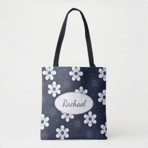 Navy Blue Pretty Floral Personalised Tote Bag