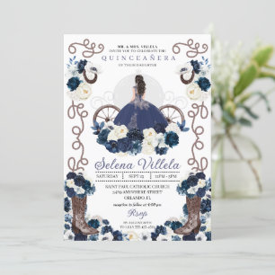 Navy Blue Princess Dress & Boots Quinceañera Invitation