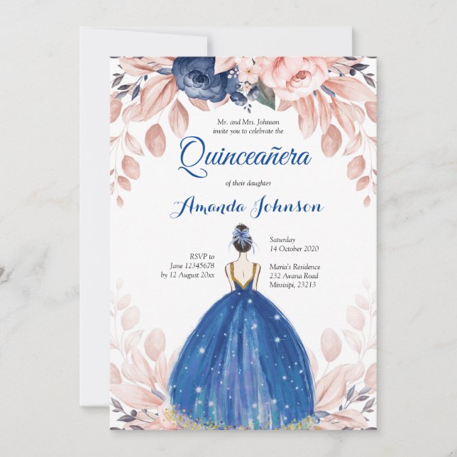 Navy Blue Princess Quinceañera Spanish 15 Birthday Invitation (Front)