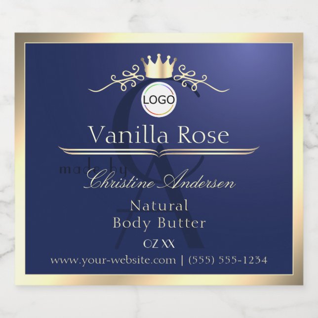 Navy Blue Product Label Gold Frame Logo Monogram (Single Label)