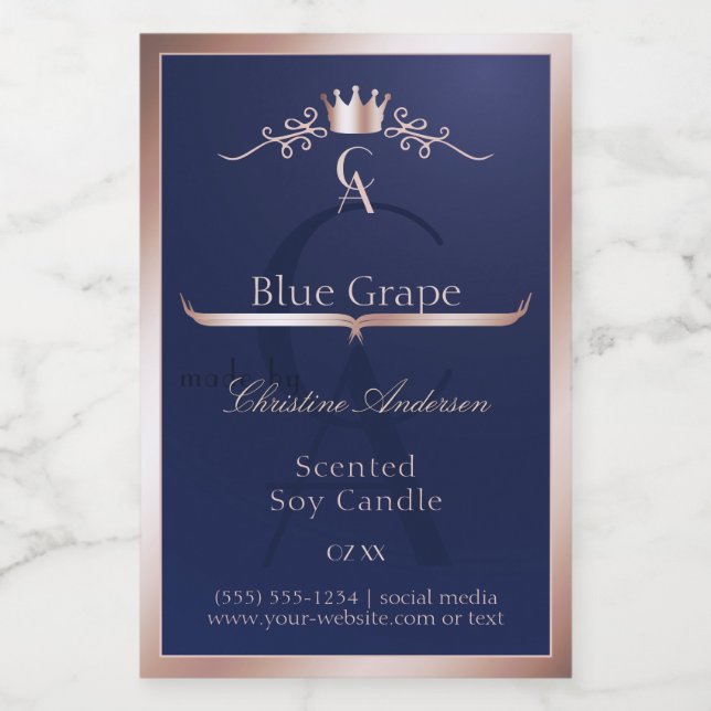 Navy Blue Product Label Rose Gold Frame Monogram (Single Label)