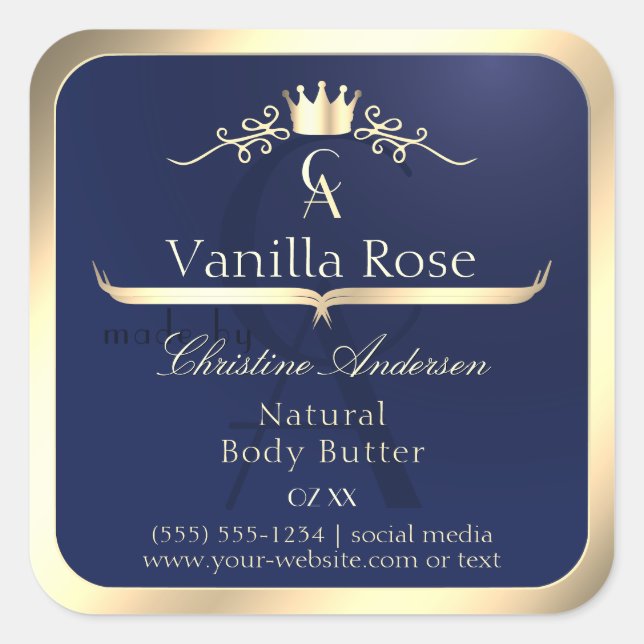 Navy Blue Product Label with Gold Frame Monogram (Front)