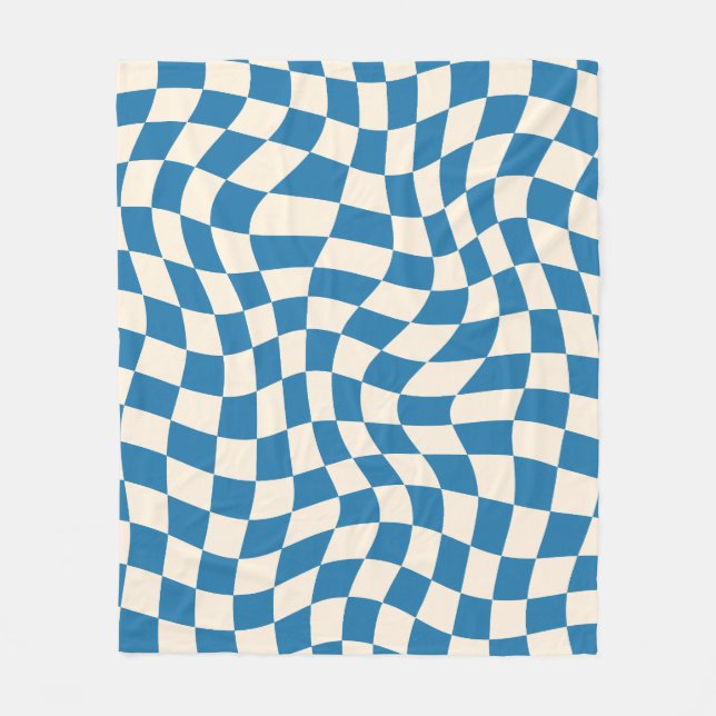 Navy Blue Psychedelic Chequered Groovy Grid Patter Fleece Blanket (Front)
