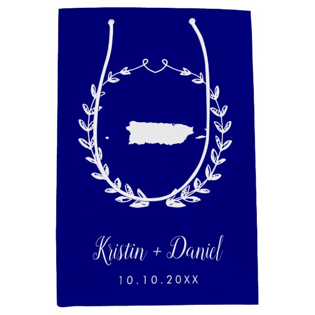 Navy Blue Puerto Rico Map Wedding Welcome Swag Medium Gift Bag (Front)