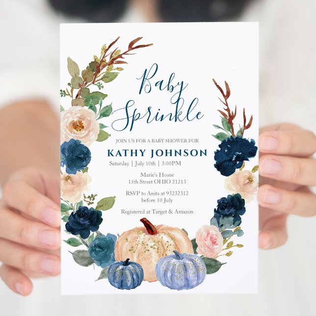 Navy Blue Pumpkin Baby Sprinkle Invitation (Creator Uploaded)