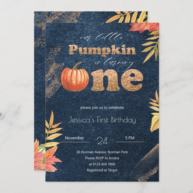 Navy Blue Pumpkin Fall First Birthday Invitation (Front/Back)