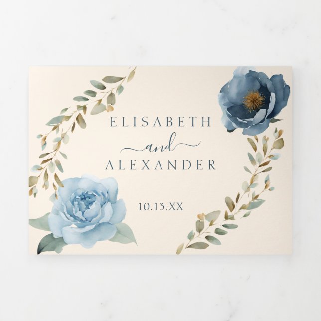 Navy Blue Pumpkin Fall in Love Wedding Tri-Fold Announcement (Cover)