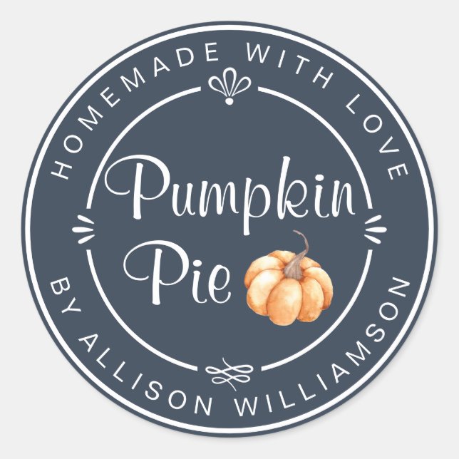 Navy Blue Pumpkin Pie Homemade Classic Round Sticker (Front)