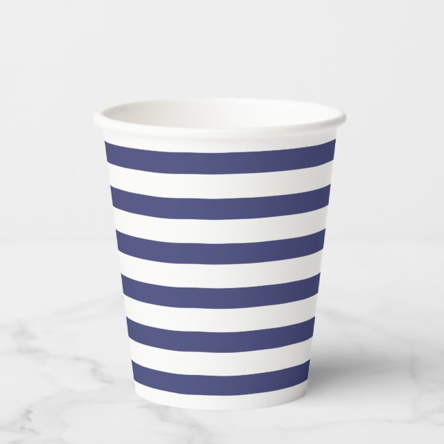 Navy Blue & Pure White Stripes  Paper Cups (Front)