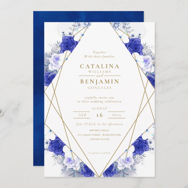 Navy Blue Purple Gold Lettering Geometric Wedding  Invitation (Front/Back)