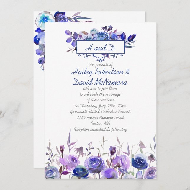Navy Blue Purple Lavender Roses Wedding Invites (Front/Back)