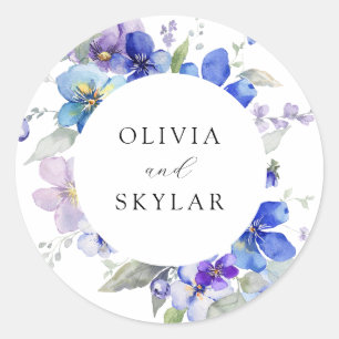 Navy Blue Purple Mauve Pink Flower Wedding Classic Round Sticker