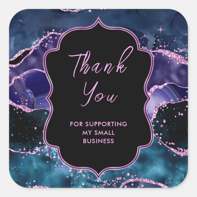 Navy Blue Purple Ocean Agate Business Thank You Square Sticker (Front)