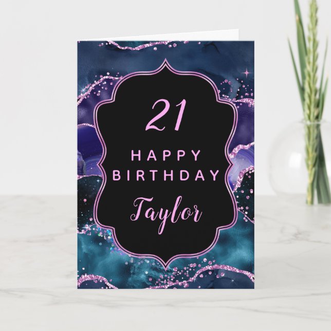 Navy Blue Purple Ocean Agate Happy Birthday Card (Front)