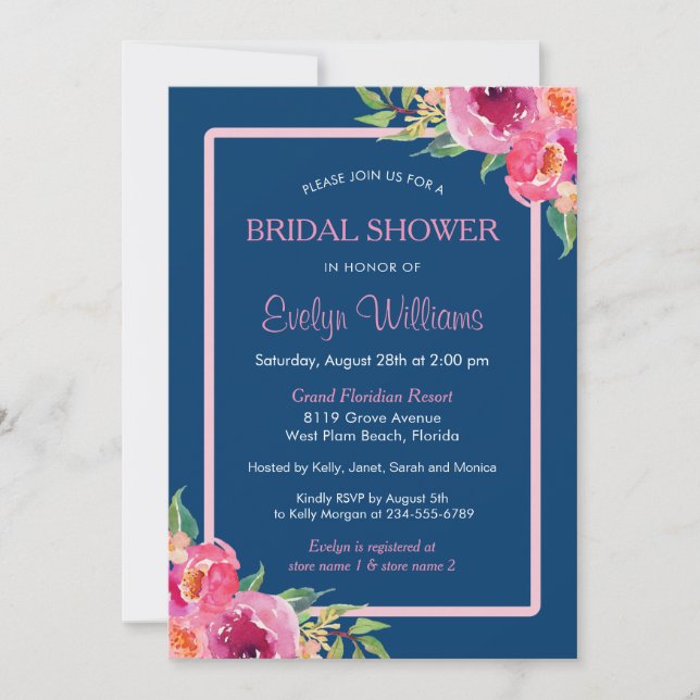 Navy Blue Purple Pink Floral Classy Bridal Shower Invitation (Front)