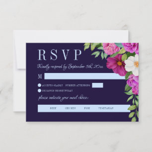 Navy Blue Purple Pink Flowers Bold Meal Choice RSVP Card