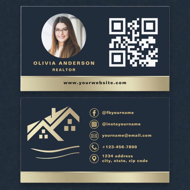 Navy Blue QR Code Gold House Real Estate Realtor Business Card (Creator Uploaded)