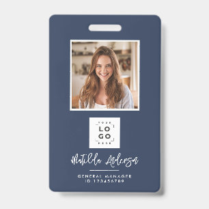 Navy blue QR code modern minimal photo abstract ID Badge