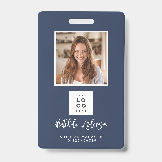 Navy blue QR code modern minimal photo abstract ID Badge (Front)