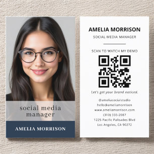Navy Blue QR Code Photo Minimalist Professional Business Card