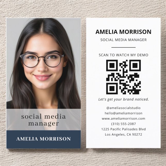 Navy Blue QR Code Photo Minimalist Professional Business Card (Creator Uploaded)