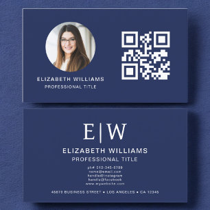 Navy Blue QR Code Photo Monogram Minimalist Business Card
