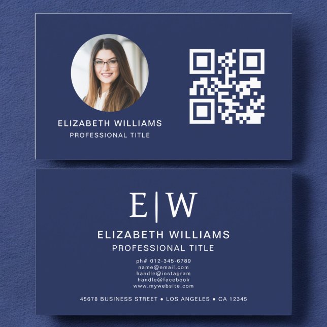 Navy Blue QR Code Photo Monogram Minimalist Business Card (Creator Uploaded)