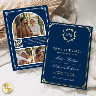 Navy Blue QR Code Photo Wedding Save the Date Gold