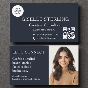 Navy Blue QR Code Professional Logo Photo Business Card