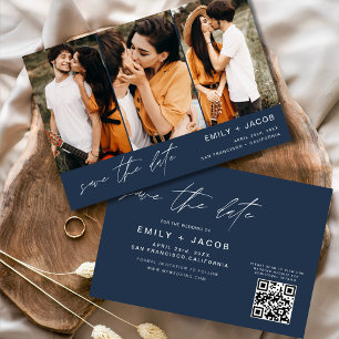 Navy Blue QR Code Save the Date 3 Photo Elegant 