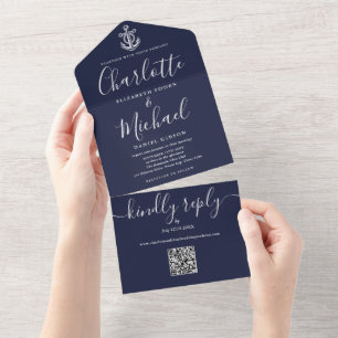 Navy Blue QR Code Script Anchor Nautical Wedding All In One Invitation