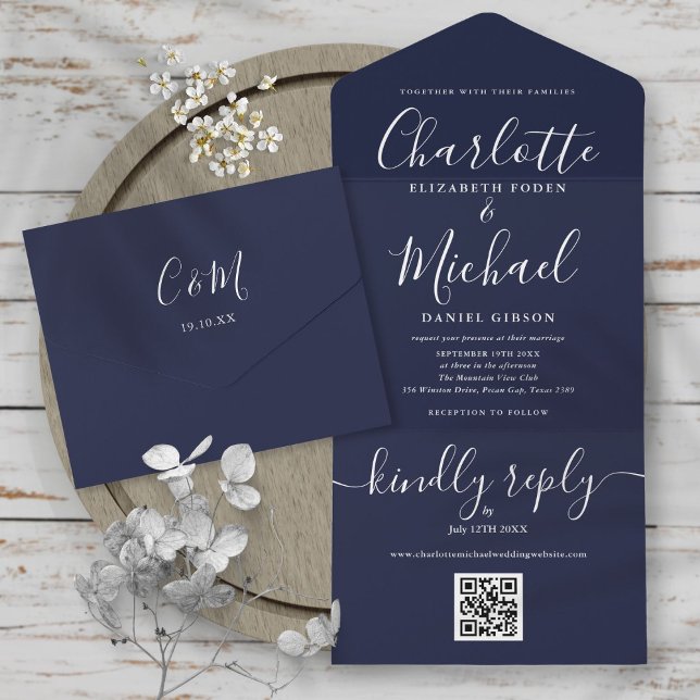 Navy Blue QR Code Script Minimalist Wedding All In One Invitation (Creator Uploaded)
