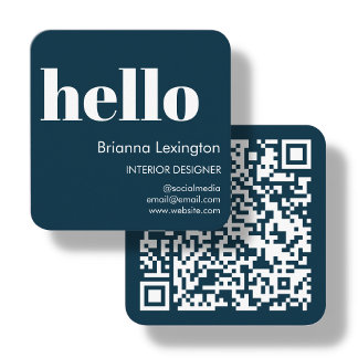 Navy Blue | QR Code Social Media Hello Square Business Card