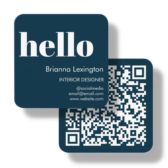 Navy Blue | QR Code Social Media Hello Square Business Card (Creator Uploaded)
