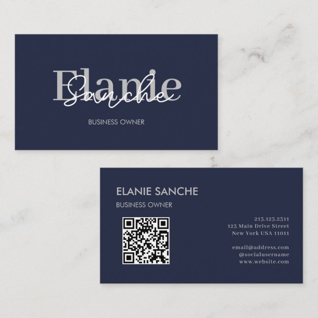 Navy Blue QR Code Trendy Elegant Modern Business Card (Front/Back)
