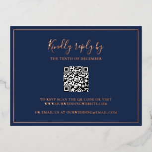 Navy Blue QR Code Wedding Foil RSVP Card