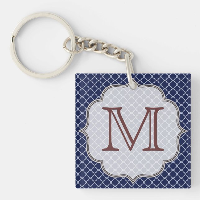 Navy Blue Quarterfoil Latti Monogram Key Chain (Front)