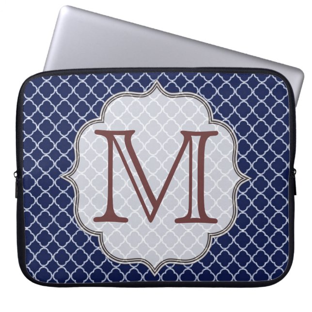 Navy Blue Quarterfoil Monogram 15" Laptop Case (Front)