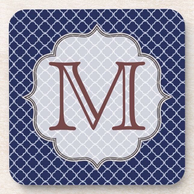 Navy Blue Quarterfoil Monogram Drink Coaster (Front)
