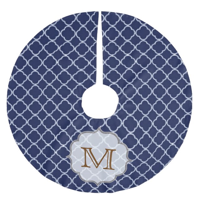 Navy Blue Quarterfoil Monogram Initial Tree Skirt (Front)