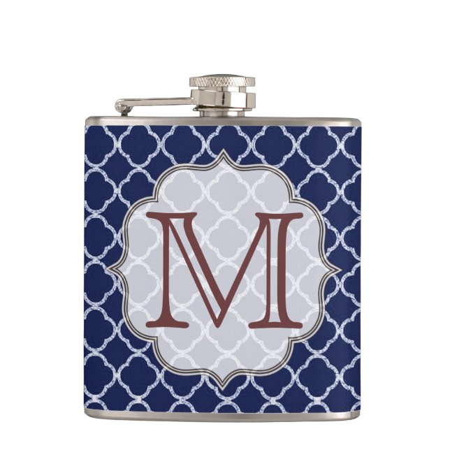 Navy Blue Quarterfoil Monogram Whiskey Flask (Front)