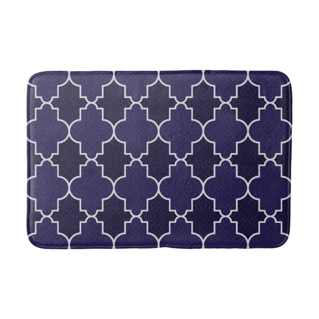 Navy Blue Quatrefoil Geometric Pattern Bath Mat (Front)